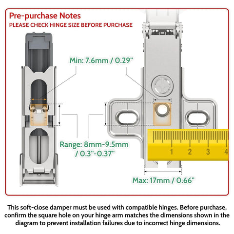 Diagram showing measurements for Cabinet Hinge Damper Pack Of 20 For Blum Straight Arm Full Overlay Hinges With Nickel Plated Finish.