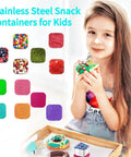 Child eating snack next to colorful silicone lids and Six Pack 6oz Stainless Steel Snack Containers For Kids With Leakproof Lids.
