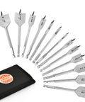 Go-To Spade Drill Bit Set for Woodworking, 13-Piece Alloy Steel Paddle Bits with Quick Change Shank in nylon pouch