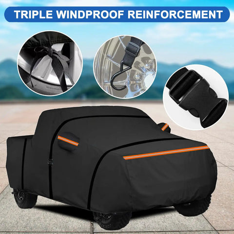 Dodge Ram 1500 Truck Bed Cover Waterproof For Quad Cab 6 Foot 4 Inch Bed Or Crew Cab 5 Foot 7 Inch Bed Outdoor Indoor UV Sun Rain Snow Wind Protection Fits 2009 To 2025 shown with reinforcement details.