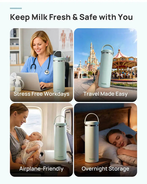 Portable Breastmilk Cooler Bag Featuring 360 Degree Ice Chambers That Keep Your Stash Chill Below Forty Degrees Fahrenheit Comes With Premium Stainless Steel Feeding Bottles A Total Game Changer For Busy Nursing Moms On The Move in various settings including work and travel.