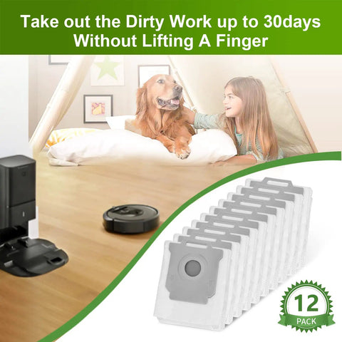 12 Pack Replacement Vacuum Bags For Roomba I Series J And S Series Models Compatible With I1 I1 Plus I3 I3 Plus I4 I4 Plus I6 I7 I7 Plus I8 J6 J7 S9 Plus Easy Install Durable Seal Mess Free Debris Capture with dog and child in background
