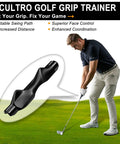 Grip Trainer For Golf Clubs Right Hand With Pro Ergonomic Design shown with golfer demonstrating correct posture