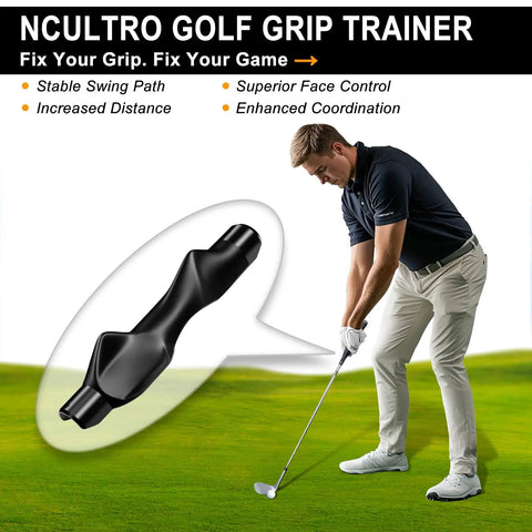 Grip Trainer For Golf Clubs Right Hand With Pro Ergonomic Design shown with golfer demonstrating correct posture