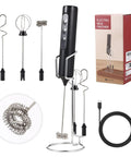 Rechargeable Handheld Milk Frother With Stand 3 Speeds And 3 Detachable Stainless Steel Whisks Electric Drink Mixer For Lattes Cappuccinos Matcha Barista Grade Foam And Eggs Kitchen Gadget Gift on display with USB-C cable and box.