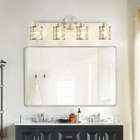 Four Light Brushed Nickel Vanity Light Over Mirror With Cylinder Crystal Shades in modern bathroom setting.