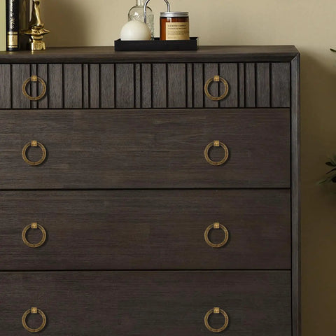 Wooden dresser with 4 Pack Boss Grade Solid Brass Antique Brass Drawer Pulls Ring Handles, brushed gold hardware, easy install.