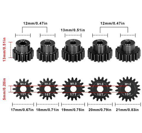 Beefed Up High Speed Pinion Gear Set 15T 16T 17T 18T 19T 5mm Bore Hardened Steel For One Eighth And One Tenth Scale RC Buggy SCT Stadium Truck And Monster Truck