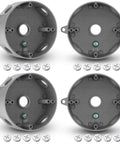 Beefy Four Pack Of 4-Inch Round Metal Electrical Boxes With 1/2-Inch Five-Hole Weatherproof Aluminum Outdoor Junction Box For Ceiling Fans And Lighting, UL Listed, Gray Finish, Includes Mounting Hardware: four gray round boxes