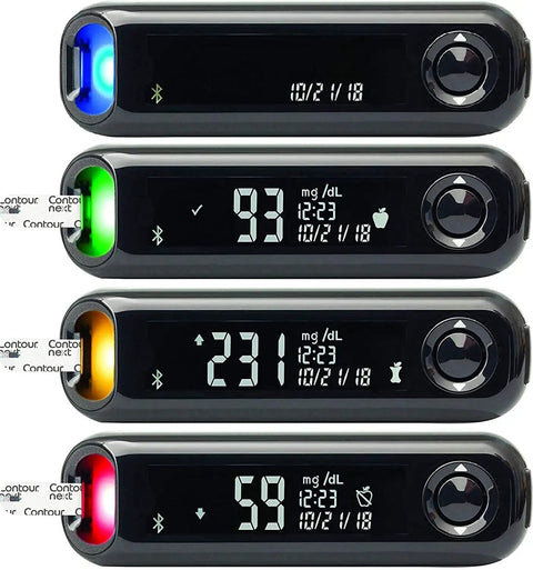 Next One Blood Sugar Monitoring System All In One Kit With Meter, 20 Test Strips, Lancing Device, Colored Lancets, Logbook, Carrying Case And Warranty Card For Diabetes Care, front view