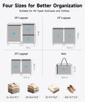 Diagram of four luggage sizes with Travel Vacuum Bags With 2026 Latest Wireless Pump 8 Pack for space saving organization.
