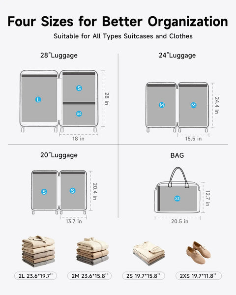 Diagram of four luggage sizes with Travel Vacuum Bags With 2026 Latest Wireless Pump 8 Pack for space saving organization.