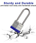 Two Pack Heavy Duty Padlocks Keyed Alike With Extra Long Two And Three Eighths Inch Shackle And Forty Millimeter Laminated Steel Lock Bodies on cracked surface