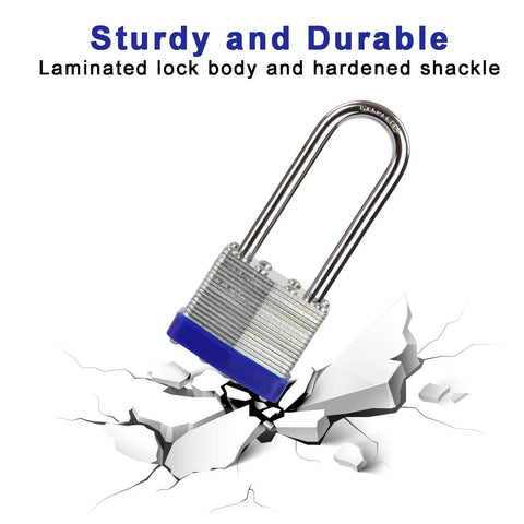 Two Pack Heavy Duty Padlocks Keyed Alike With Extra Long Two And Three Eighths Inch Shackle And Forty Millimeter Laminated Steel Lock Bodies on cracked surface