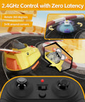 2 Pack Remote Control Cat And Mouse Ejecting Bumper Cars For Kids with RC on track, showcasing 360-degree rotation.