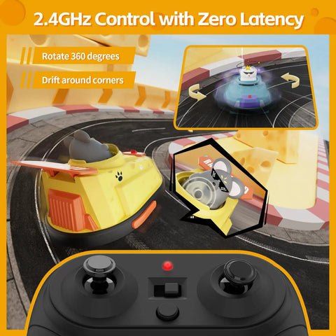 2 Pack Remote Control Cat And Mouse Ejecting Bumper Cars For Kids with RC on track, showcasing 360-degree rotation.