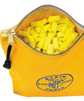 10 Inch Canvas Zipper Tool Pouches 3 Pack With Heavy Duty Brass Zippers And Brass Grommet For Hanging Assorted Red Blue Yellow Durable Consumables Bags For Storing Parts Wire Nuts Connectors filled with yellow wire nuts.