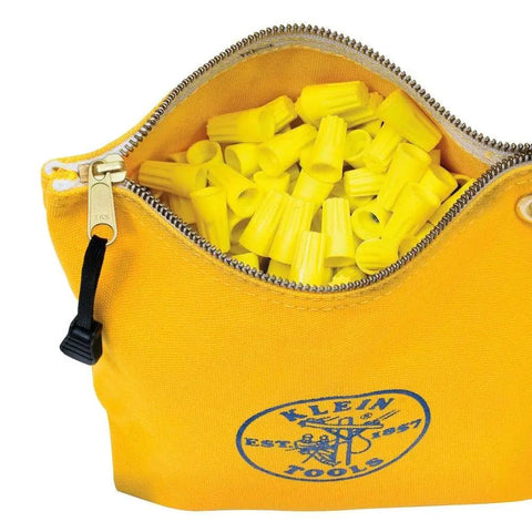 10 Inch Canvas Zipper Tool Pouches 3 Pack With Heavy Duty Brass Zippers And Brass Grommet For Hanging Assorted Red Blue Yellow Durable Consumables Bags For Storing Parts Wire Nuts Connectors filled with yellow wire nuts.