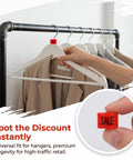 Red Sale Hanger Markers 200 Pcs High Visibility Coding Tags for wire and metal hangers on clothing rack with close-up view.