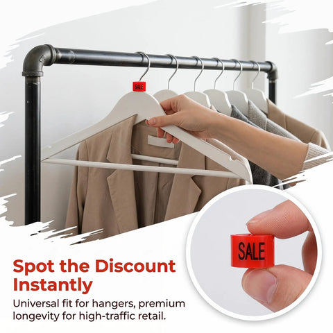 Red Sale Hanger Markers 200 Pcs High Visibility Coding Tags for wire and metal hangers on clothing rack with close-up view.