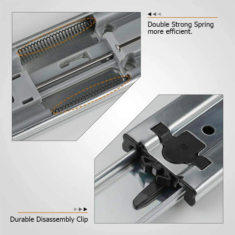 Heavy Duty Soft Close Drawer Slides 22 Inch Pair close-up showing double strong springs and durable disassembly clip.