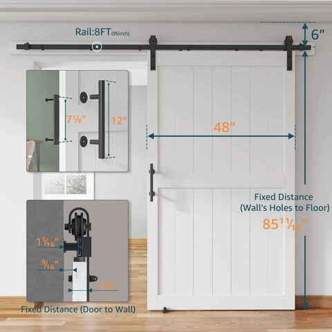 48x84 Inch Sliding Barn Door With 8 Foot Hardware Kit Handle Floor Guides And Easy DIY Installation White MDF Door shown installed