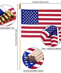 100 Pack Small American Flags On Sticks 5 X 8 Inch Mini Handheld Flags showing size, rounded spear tip, and tear-resistant material.