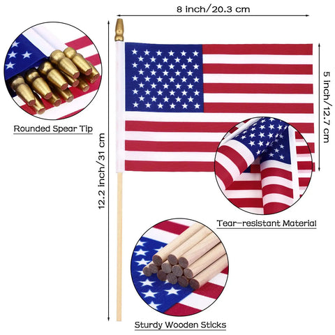 100 Pack Small American Flags On Sticks 5 X 8 Inch Mini Handheld Flags showing size, rounded spear tip, and tear-resistant material.