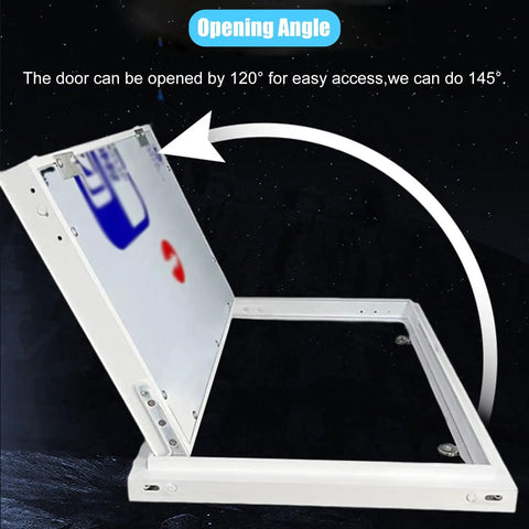 Custom Fit Lockable Wall Access Panel Hidden Inspection Hatch with Heavy Duty Aluminum Frame showing 120° opening angle for easy access.