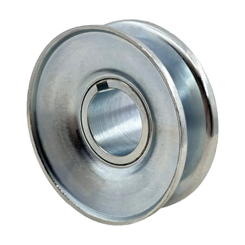 Two Point Five Inch Outer Diameter One Groove Web Sheave V Belt Pulley Seven Eighths Bore Carbon Steel Zinc Plated Built Tough Rugged Shop Ready For A 4L And 3L Belts Motor Pulley in photo of product side view.
