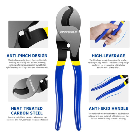 Rock Solid Heavy Duty Cable Cutter For Thick Battery Copper And Aluminum Wires With Ergonomic Comfort Grip And High Leverage Design For Chopping Through Tough Cables Without Breaking A Sweat On The Jobsite, showcasing anti-pinch design.