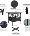 Foldable Aluminum Beach Table For Camping And Outdoors Ultra Lightweight And Rust Resistant Easy Fold And Unfold In Seconds 20 X 20 Inch Portable Camp Table With Storage Bag Ideal For Picnics Beaches Hiking And Grilling, black tabletop with storage bag, multiple features highlighted