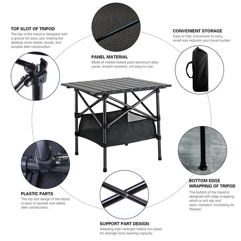 Foldable Aluminum Beach Table For Camping And Outdoors Ultra Lightweight And Rust Resistant Easy Fold And Unfold In Seconds 20 X 20 Inch Portable Camp Table With Storage Bag Ideal For Picnics Beaches Hiking And Grilling, black tabletop with storage bag, multiple features highlighted
