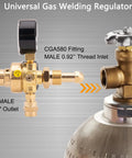 CGA580 gas welding regulator for Argon/CO2 with brass body, 5/8in outlet, black adjustment knob, 6.6ft hose.