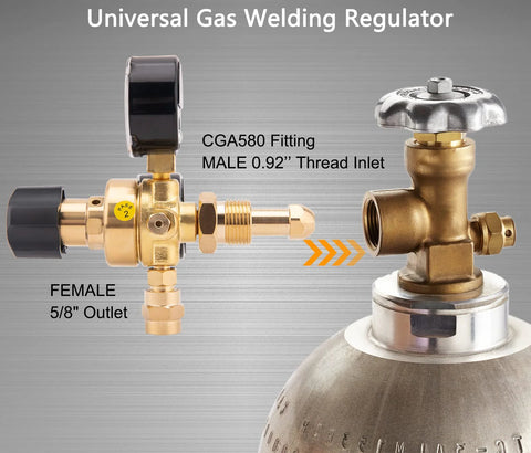 CGA580 gas welding regulator for Argon/CO2 with brass body, 5/8in outlet, black adjustment knob, 6.6ft hose.