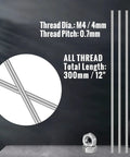 Stainless steel threaded rods with hex nuts, 4mm diameter, 12 in length, 24 pcs