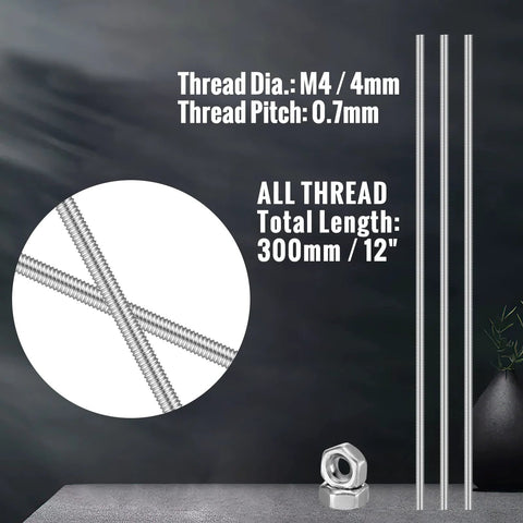 Stainless steel threaded rods with hex nuts, 4mm diameter, 12 in length, 24 pcs