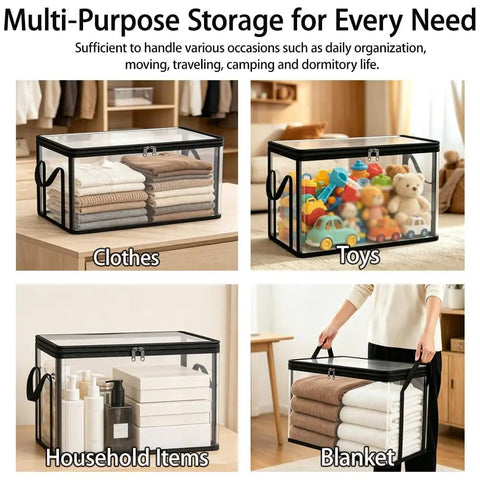 Built Like A Tank Large Clear Plastic Storage Bin With Heavy Duty Foldable Frame Reinforced Handles And A Secure Zippered Lid for organizing clothes, toys, and blankets.