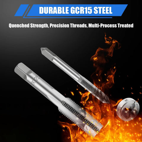 Pro Grade All In One Metric Tap And Die Set Kit With Storage Case M2 To M18 Thread Repair showing steel taps with fire background