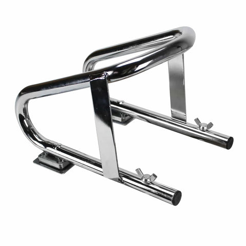 Deluxe Chrome Motorcycle Wheel Chock For Tires Up To 5.5 Inches Wide With Fixed Brackets And Tool Free Removal Mount Heavy Duty Stand