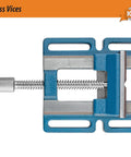 Top view of Low Profile Drill Press Vise 4 Inch DRL 100 with blue cast iron base and six mounting holes for woodworking and metalworking.