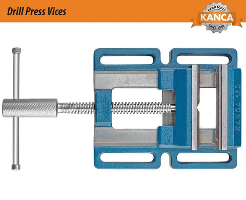 Top view of Low Profile Drill Press Vise 4 Inch DRL 100 with blue cast iron base and six mounting holes for woodworking and metalworking.