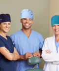 Three medical staff wearing multicolor heart edition scrub caps from 12 Pack Bouffant Scrub Caps Unisex Adjustable Button Hats.