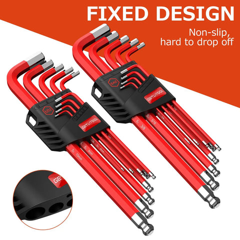 18 Piece Magnetic Allen Key Set With Ball End Hex Keys And Torque Handle showing metric and SAE sizes with red protective case.