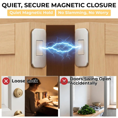 Ultra Thin Cabinet Magnets 8 Pack No Fuss Closure With Adhesive Door Catch shown in use on wooden cabinet