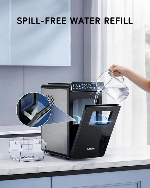 Ultra Slim Countertop Ice Maker With Full Color Panel showing spill-free water refill and LED display in home kitchen