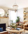 Boho Farmhouse Wood Beaded Pendant Light Fixture With Fringed White Beads 3 Light Rustic Chandelier in cozy living room.