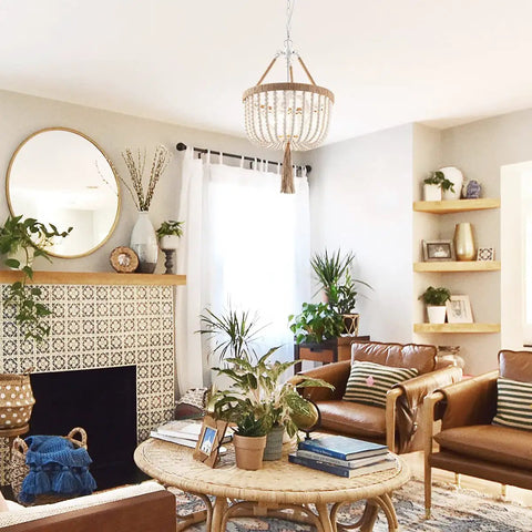 Boho Farmhouse Wood Beaded Pendant Light Fixture With Fringed White Beads 3 Light Rustic Chandelier in cozy living room.
