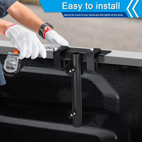 Universal Truck Bed Flag Pole Mount Kit Featuring Beefy No Drill Hardware legit rust resistant finish, easy installation.