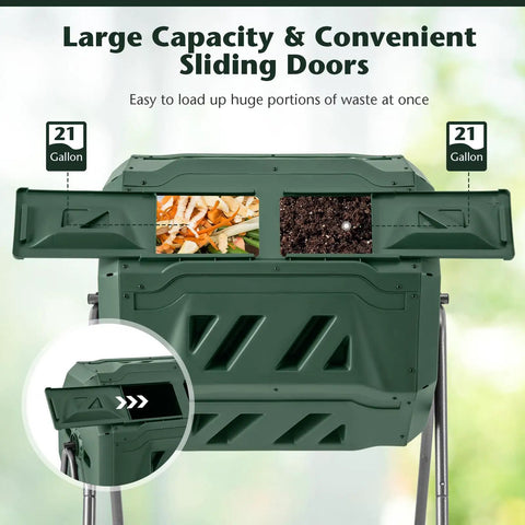 Outdoor 42 Gallon Dual Chamber Compost Tumbling Bin With 360 Degree Rotating Barrel Heavy Duty Metal Frame BPA Free Two Sliding Doors
